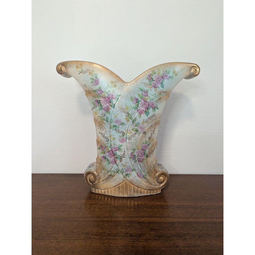 Vintage Abingdon Pottery‎ USA White Gold Floral Art Deco Vase